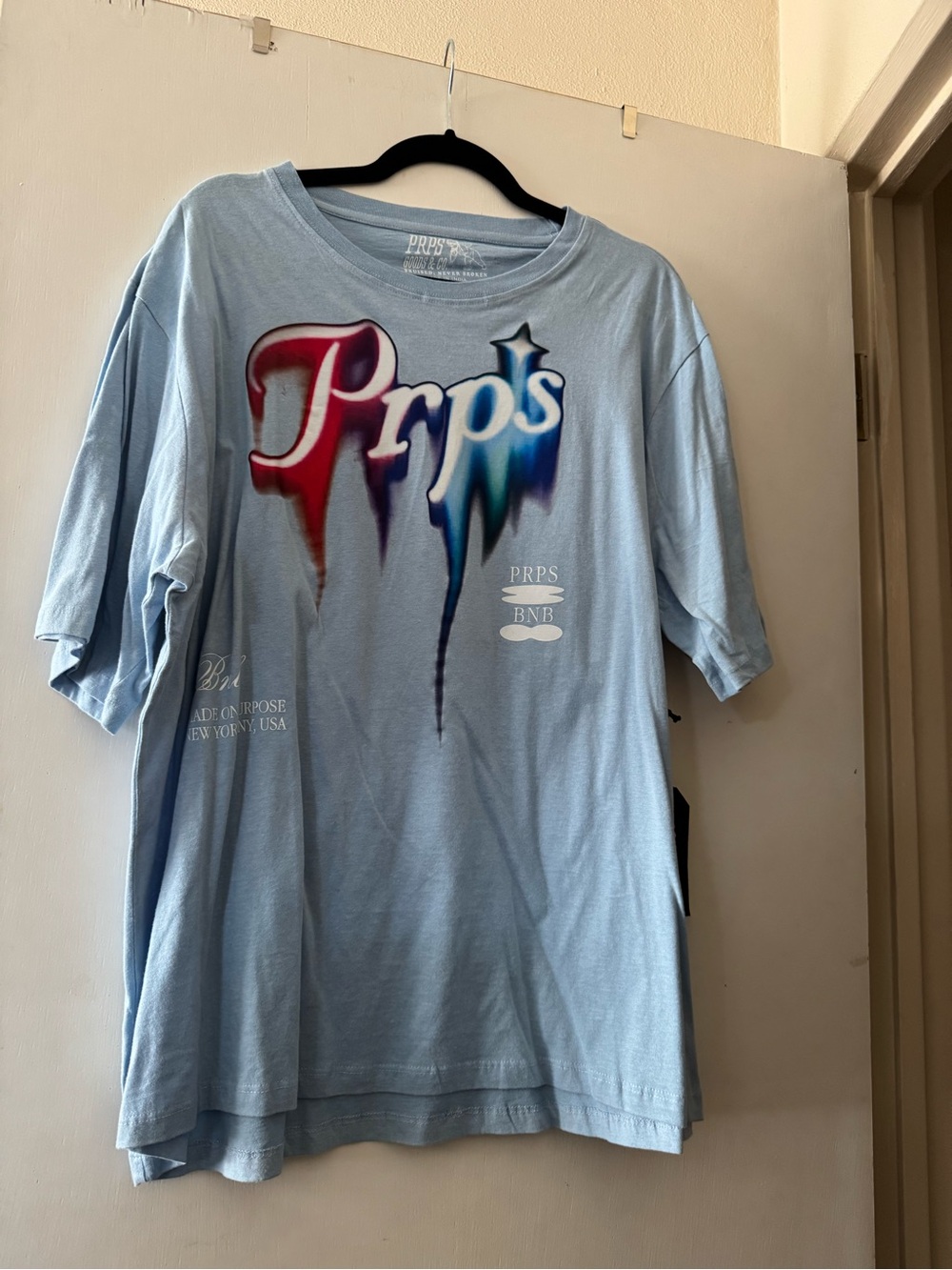 PRPS Men’s Light Blue Short-Sleeve Tee with Multicolor Drip Logo
